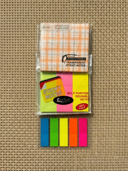 Pack of colorful sticky notes on a textured surface