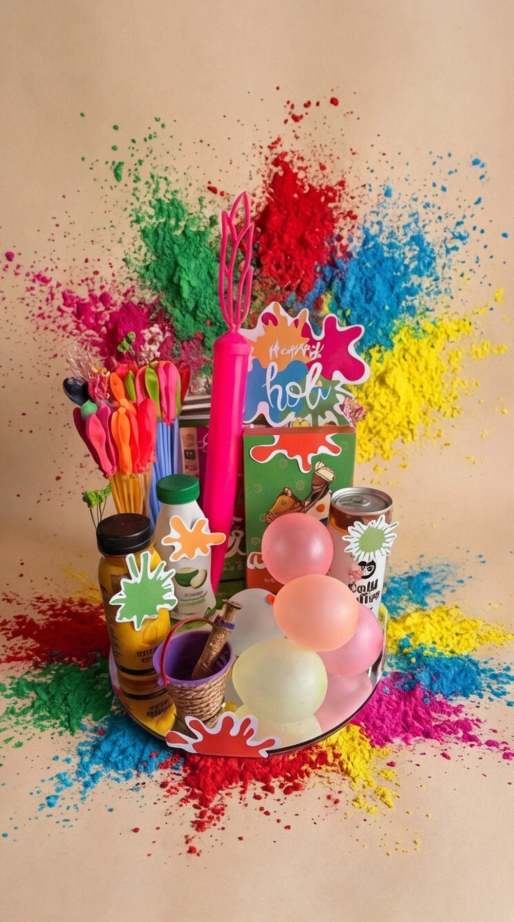 Colorful Holi celebration setup with holi colors, balloons, and a signboard on a beige background.