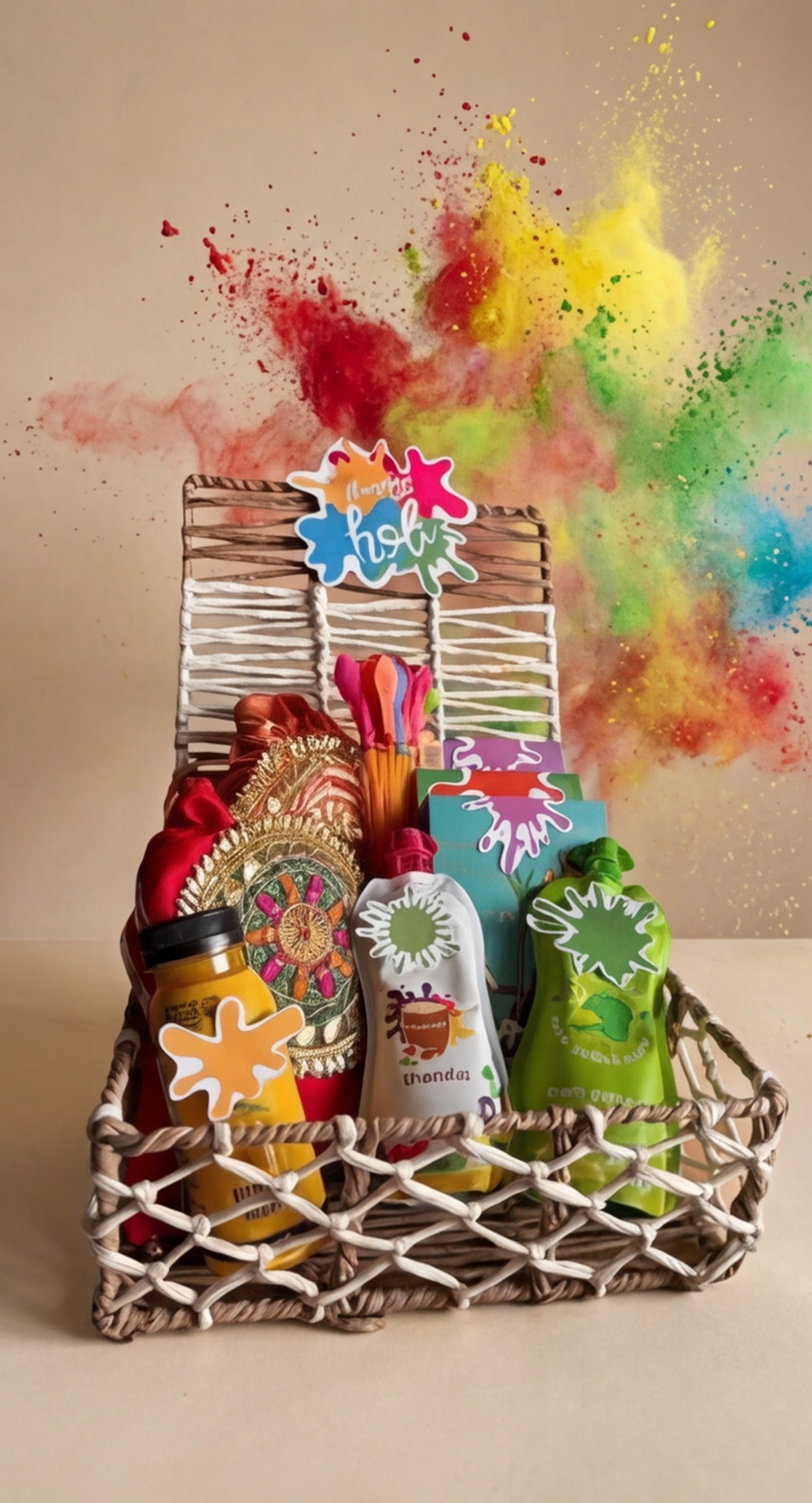 Gift basket with colorful items and Holi powder splashes on a beige background