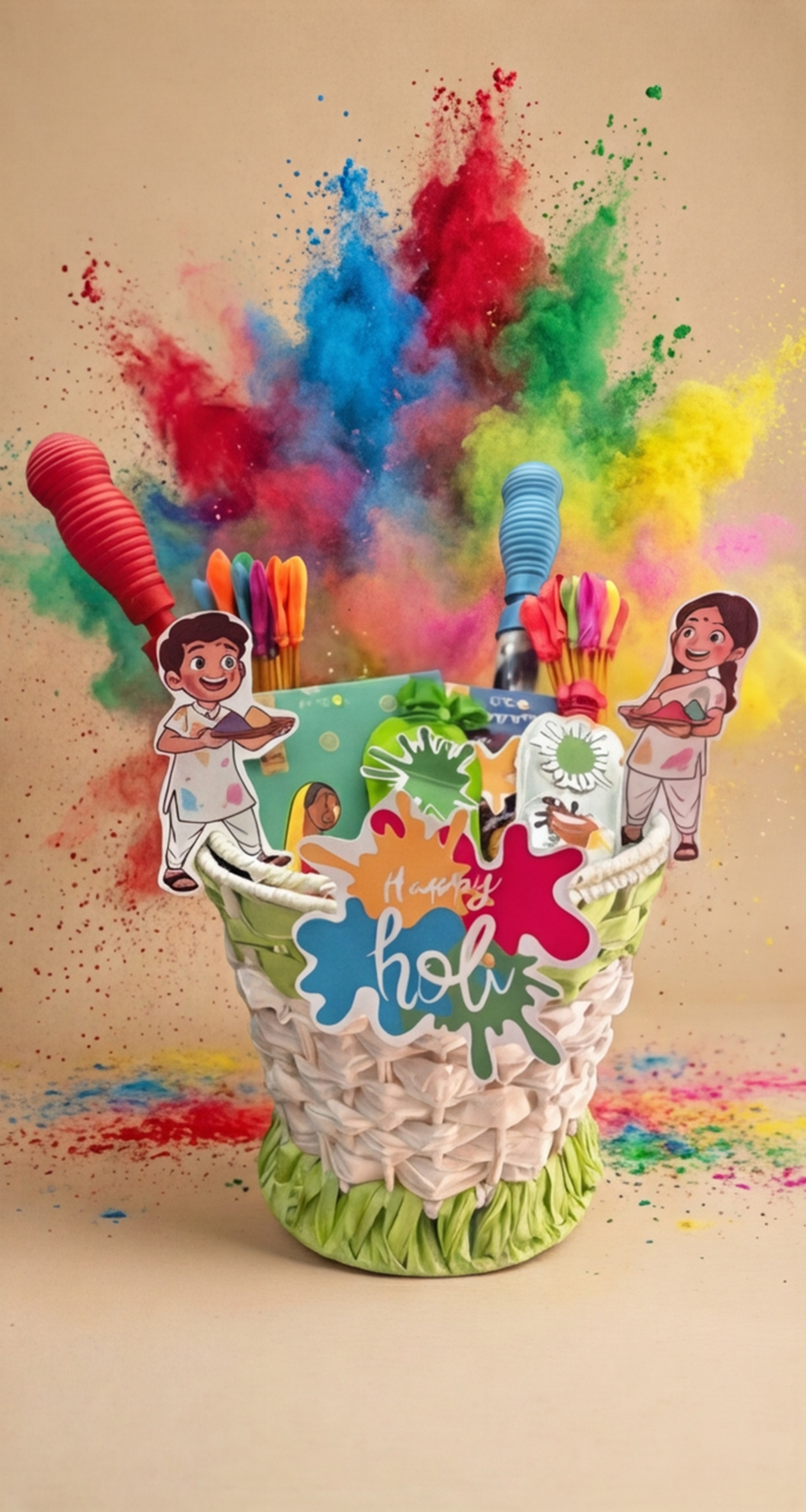 Colorful stationery set with 'Holi' theme on a beige background