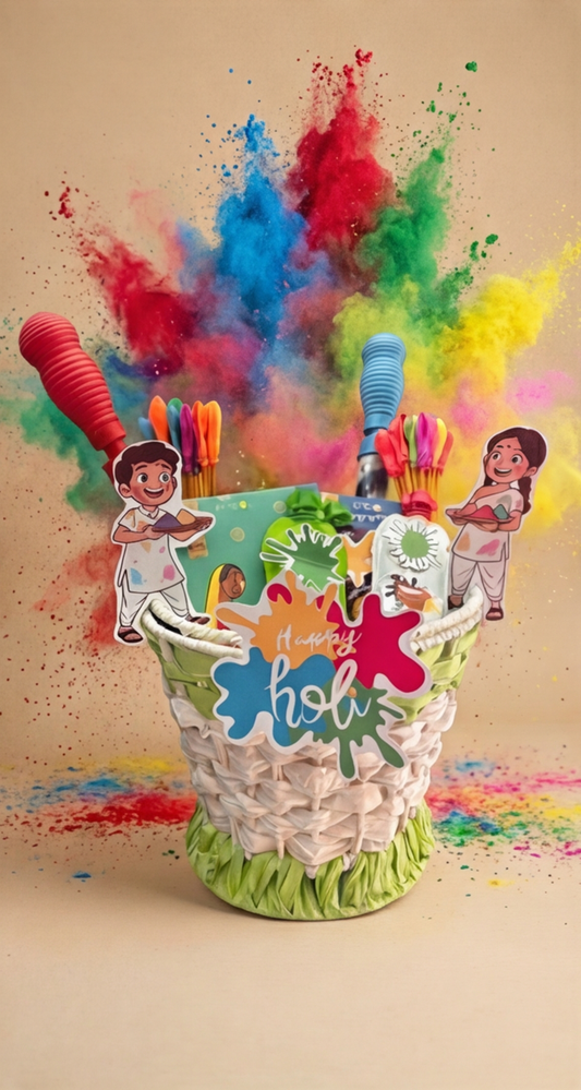 Colorful stationery set with 'Holi' theme on a beige background